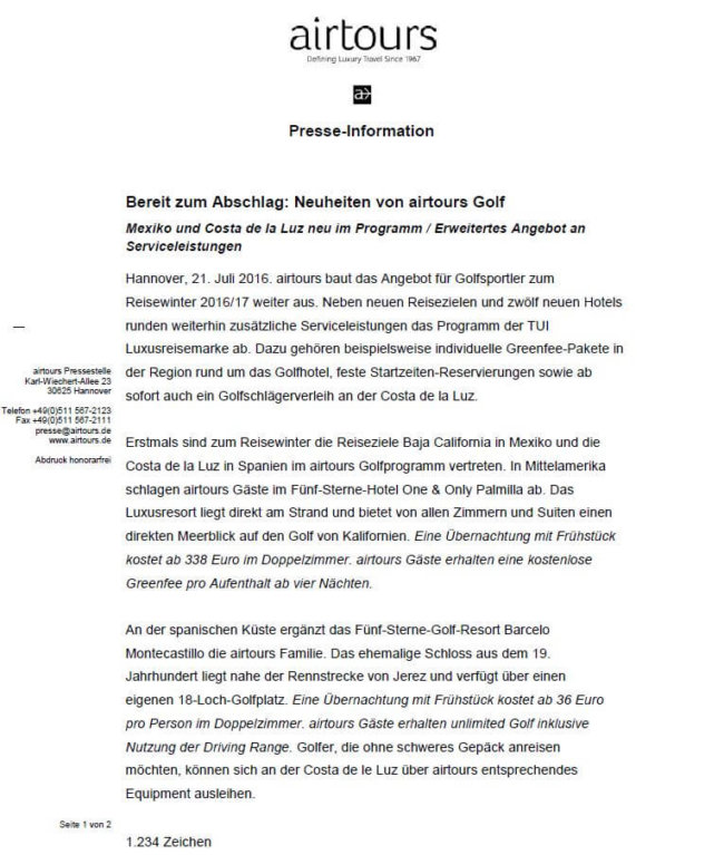 Neuheiten von airtours golf