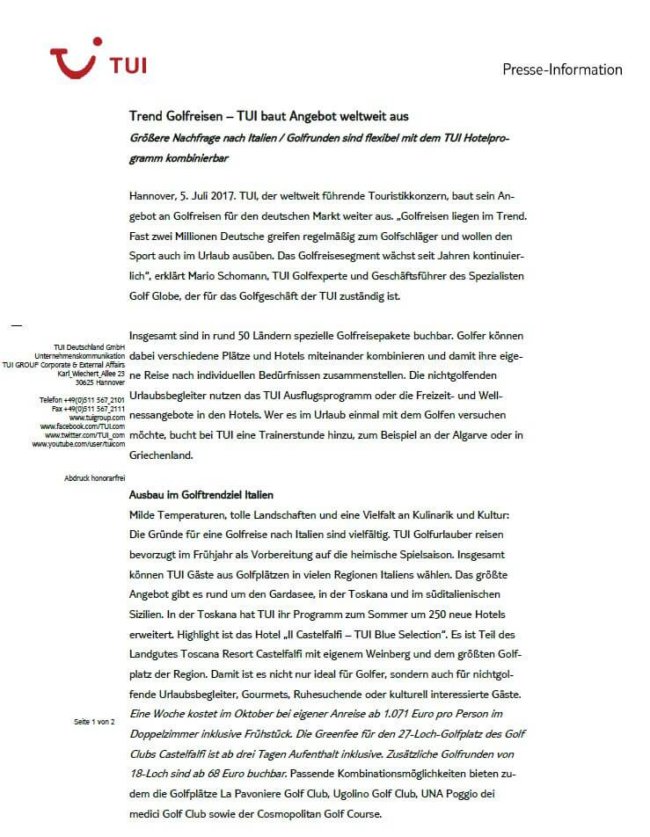 Pressemitteilung Trend Golfreisen