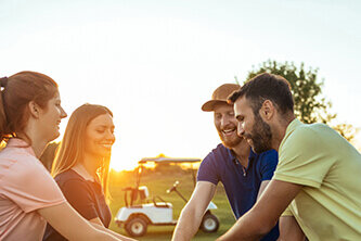 Golfcart, Menschen, Golfer, Grün, Wiese, Sonnenuntergang, Handschlag
