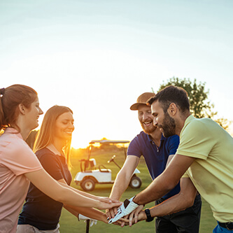 Golfcart, Menschen, Golfer, Grün, Wiese, Sonnenuntergang, Handschlag