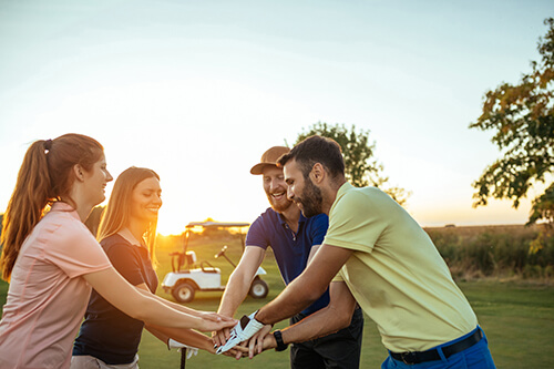 Golfcart, Menschen, Golfer, Grün, Wiese, Sonnenuntergang, Handschlag